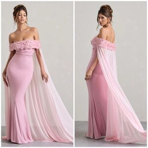 NWT Avant Garde Blush Pink Floral Bardot Fishtail Maxi Dress with Mesh Cape